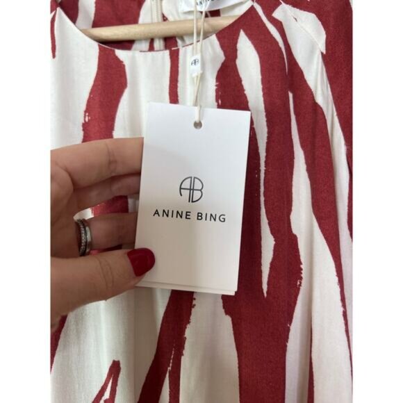 NWT Anine Bing Dahlia Zebra Drop Waist Pleated Skirt Red and Cream Midi Dress - Picture 5 of 9